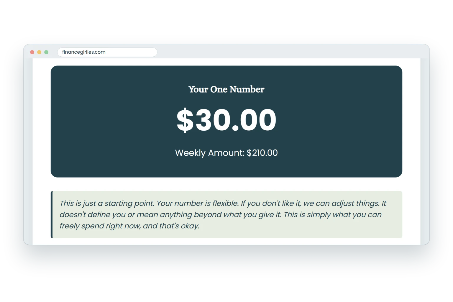 The One Number Budget calculator showing Your One Number, in a browser window
