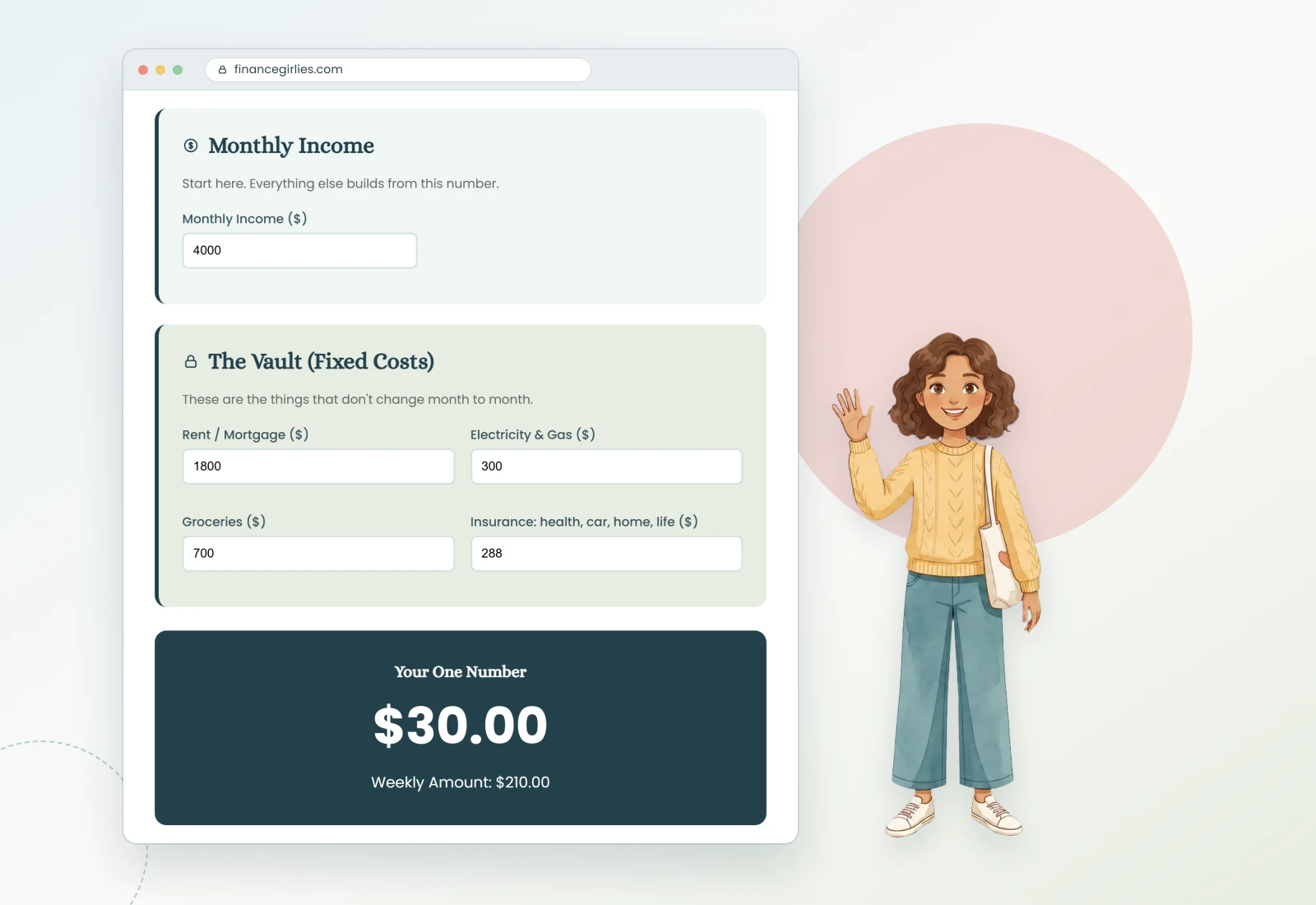 The One Number Budget calculator in a browser window showing a daily number of $30.00, beside a smiling illustrated woman waving