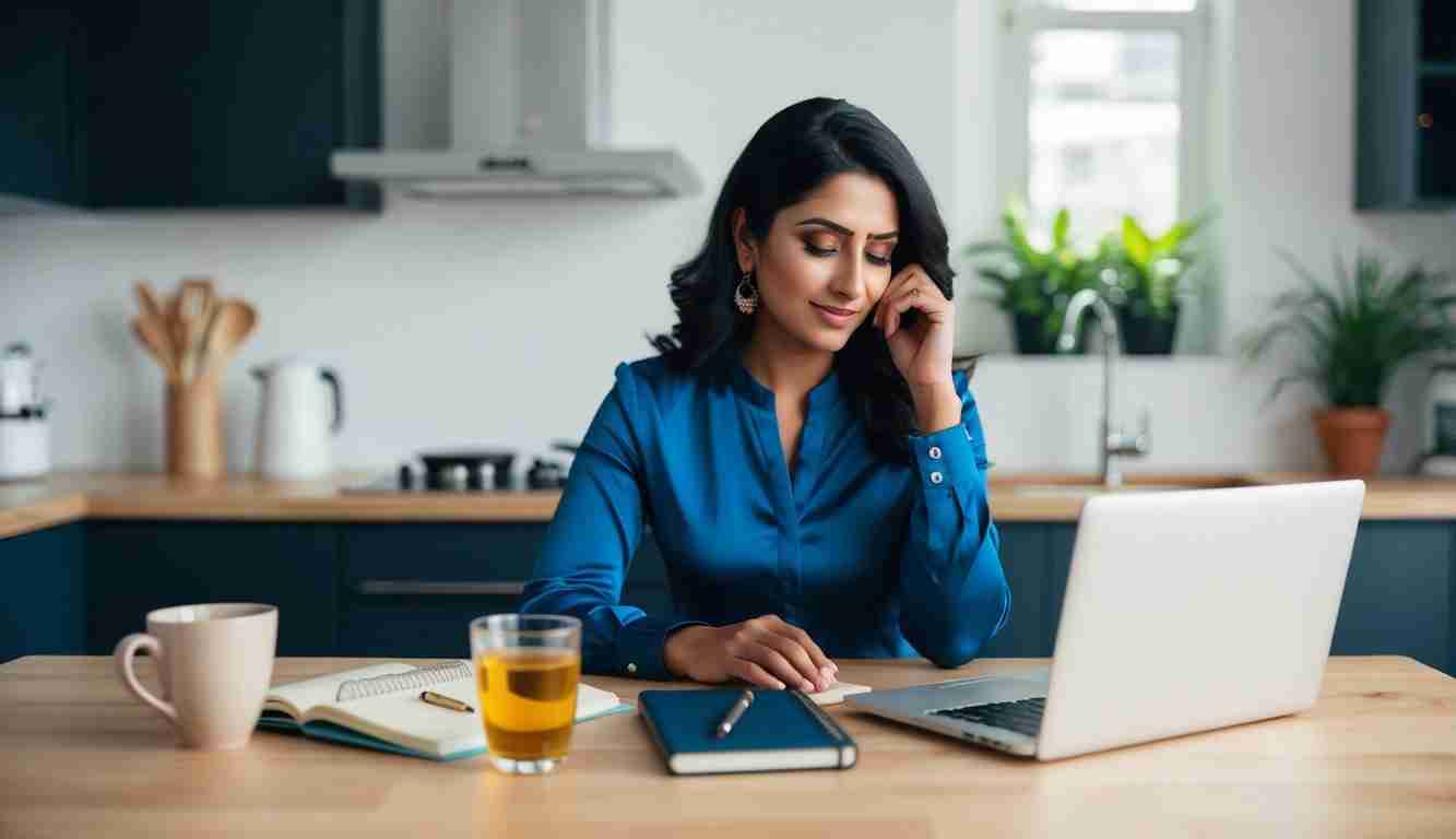 Young lady in her kitchen with a cup of tea, a journal and her laptop in front of her. She is dealing with her money stress with confidence