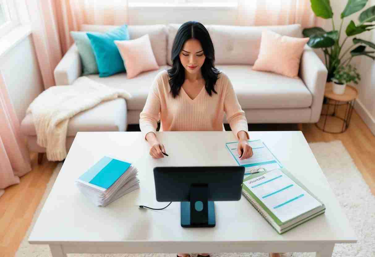 A cozy living room with a desk, computer, and calculator. A stack of bills and a budget planner sit on the desk. A person sits with a determined look, managing their finances
