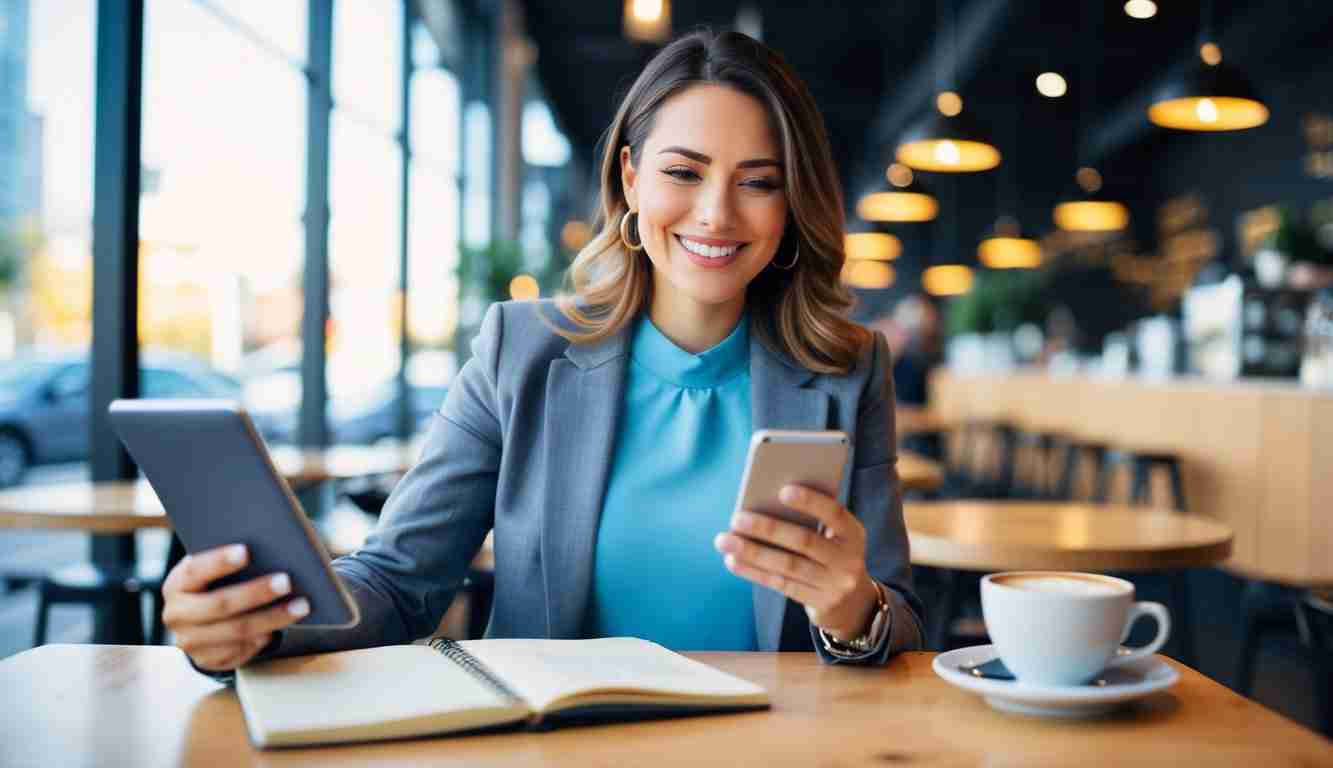 Lady in a cafe smiling as she looks at her phone. A cup of coffee is next to her and shes got a notebook open