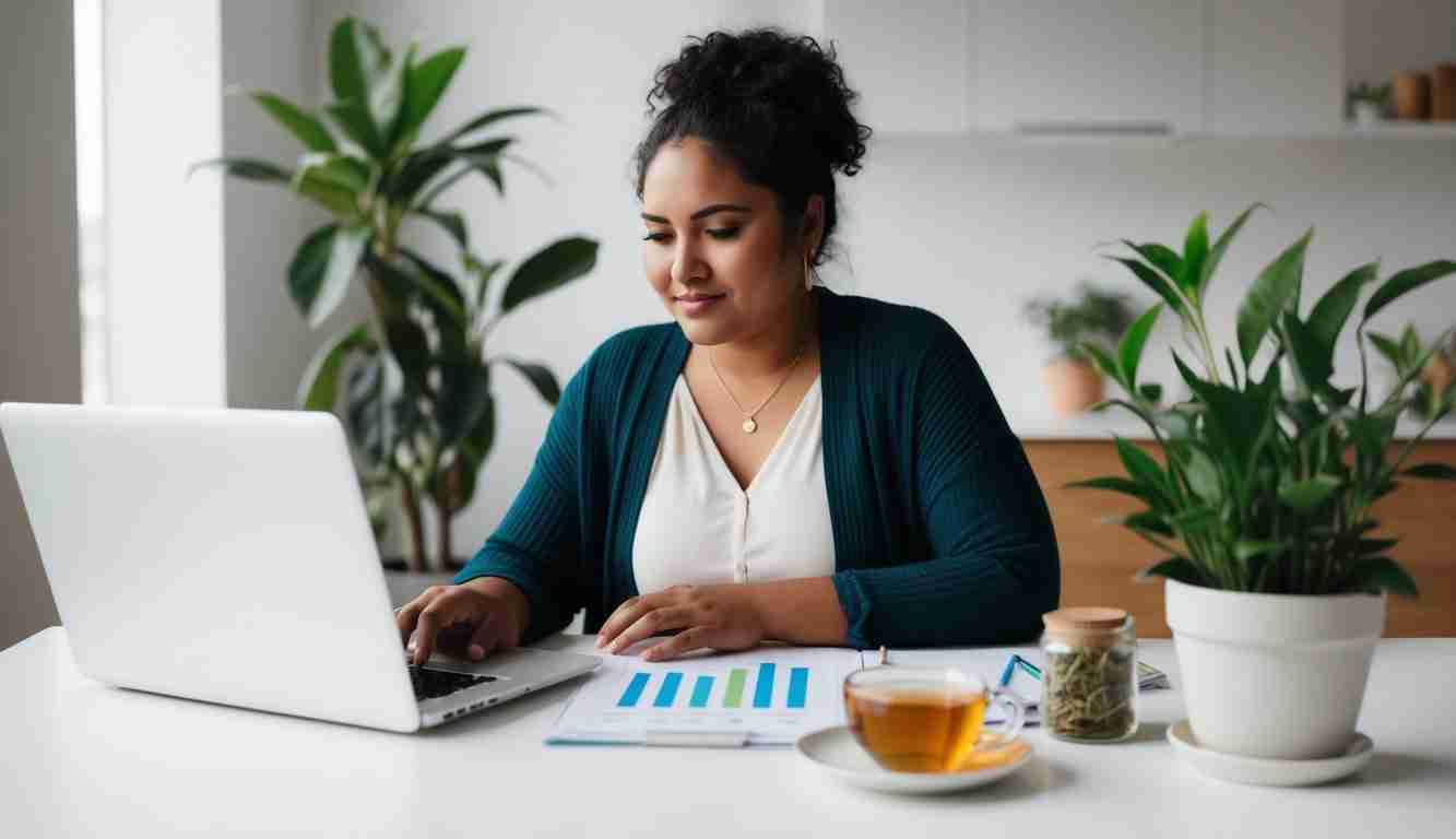Lady in a warm office with a plant and cup of herbal tea next to her while she works on her budget on her laptop