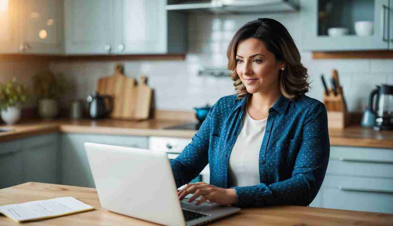 Lady in her kitchen working on her investments. Shes wearing a blue shirt.