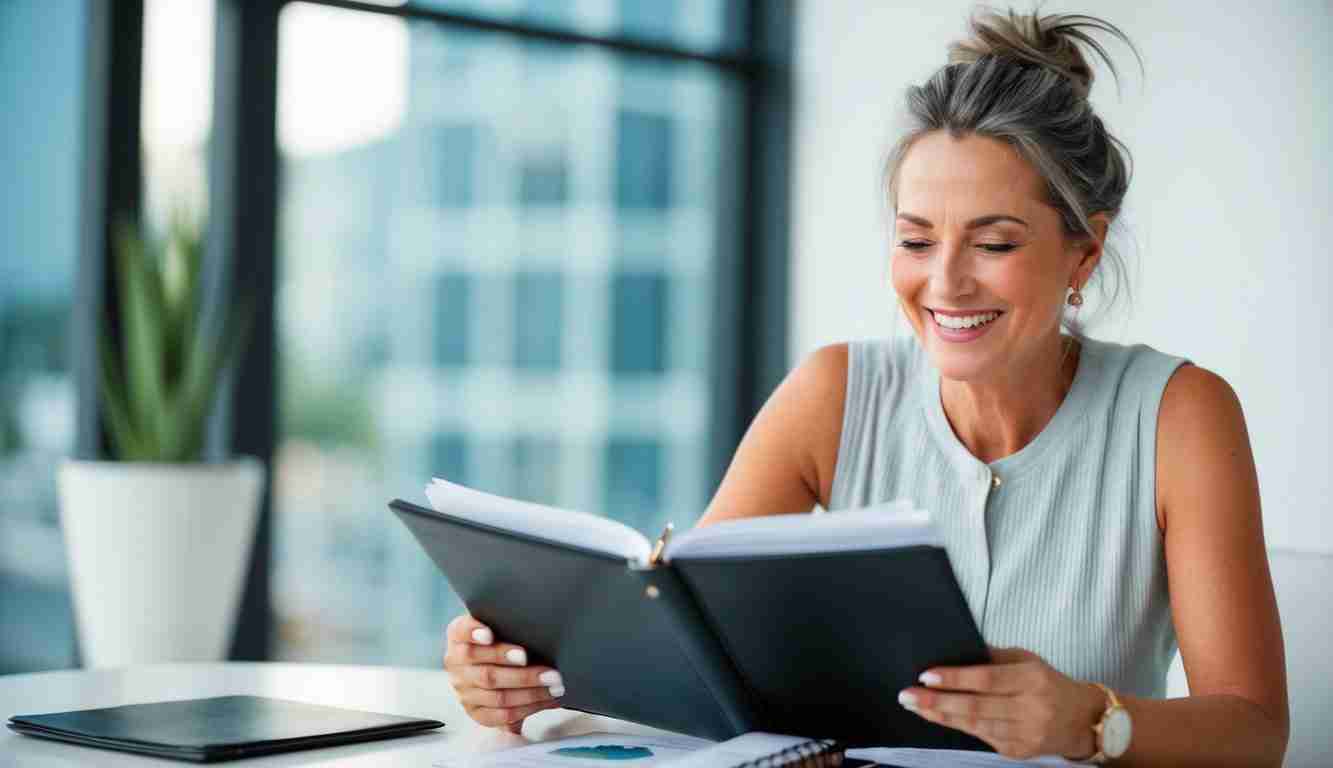 Middle aged lady sitting at table reading a book. She's wearing a grey top and has a messy bun