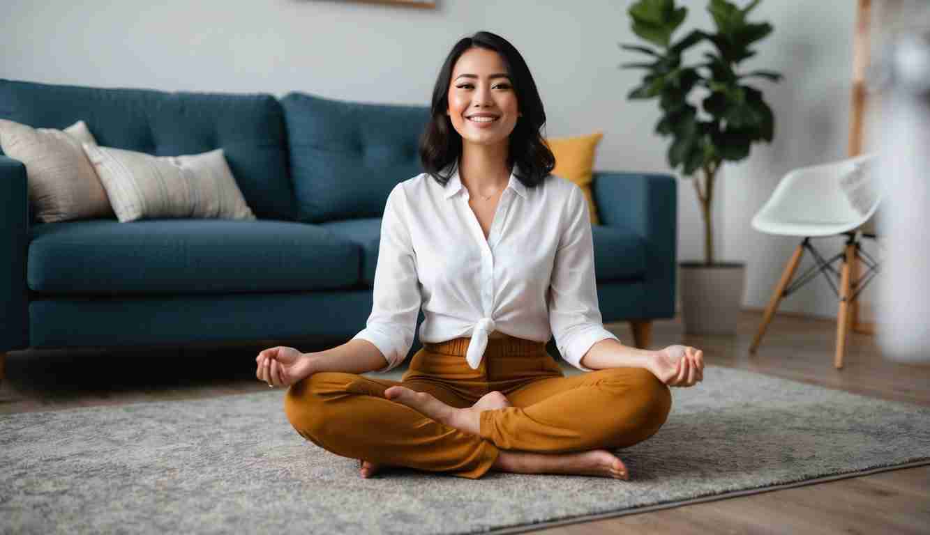Young lady sitting crosslegged on her rug in the loungeroom. Shes happy because shes investing automatically