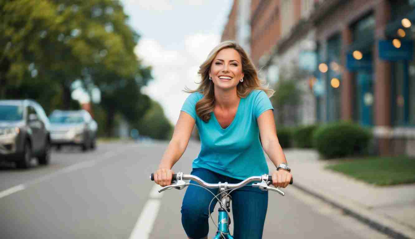 A blonde lady riding a bike. She is smiling and happy because she is paying off her debt and managing to save too.