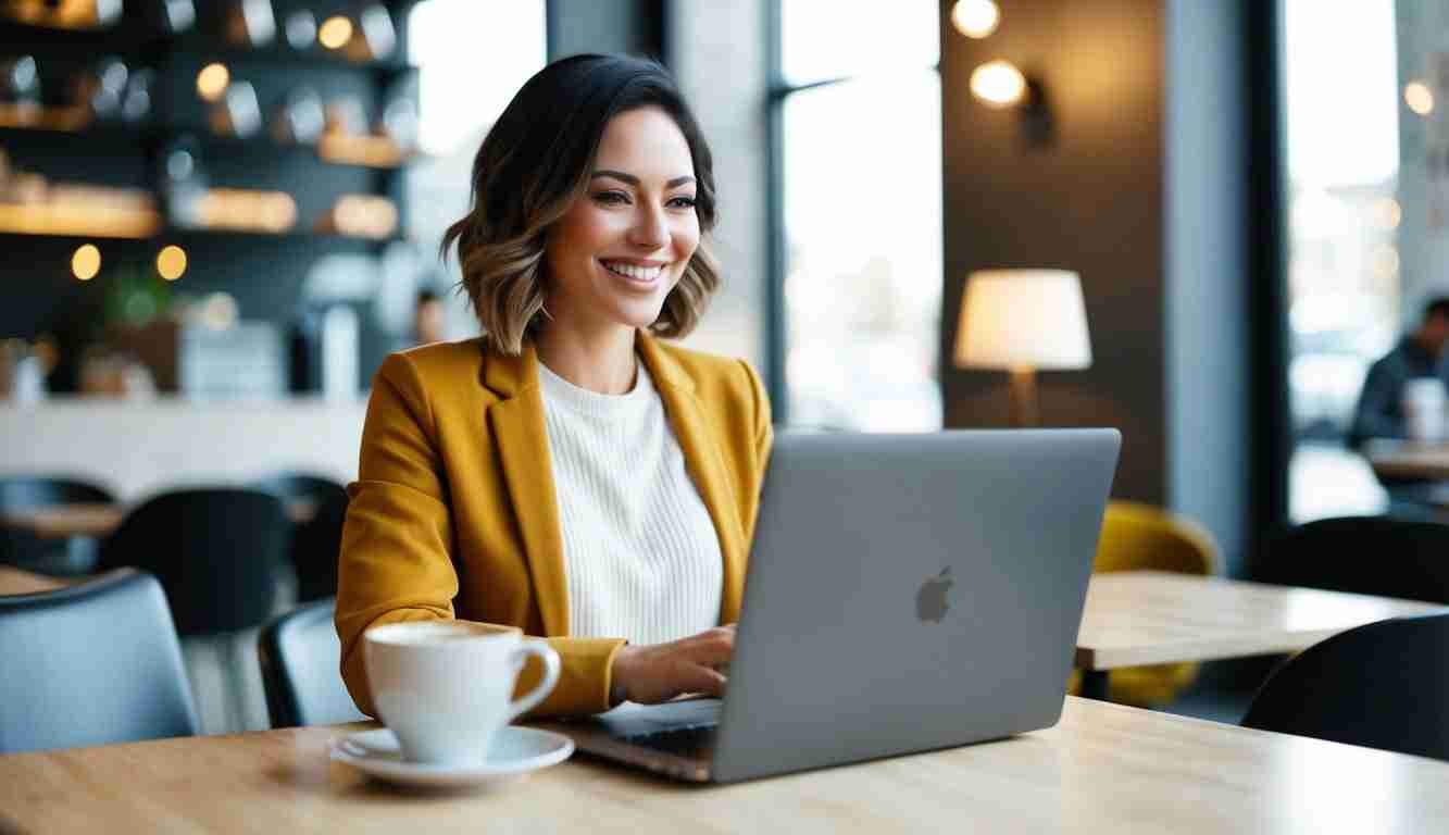 A confident woman in her 30s at a café wearing a yellow jacket working on her laptop and smiling while checking her savings grow