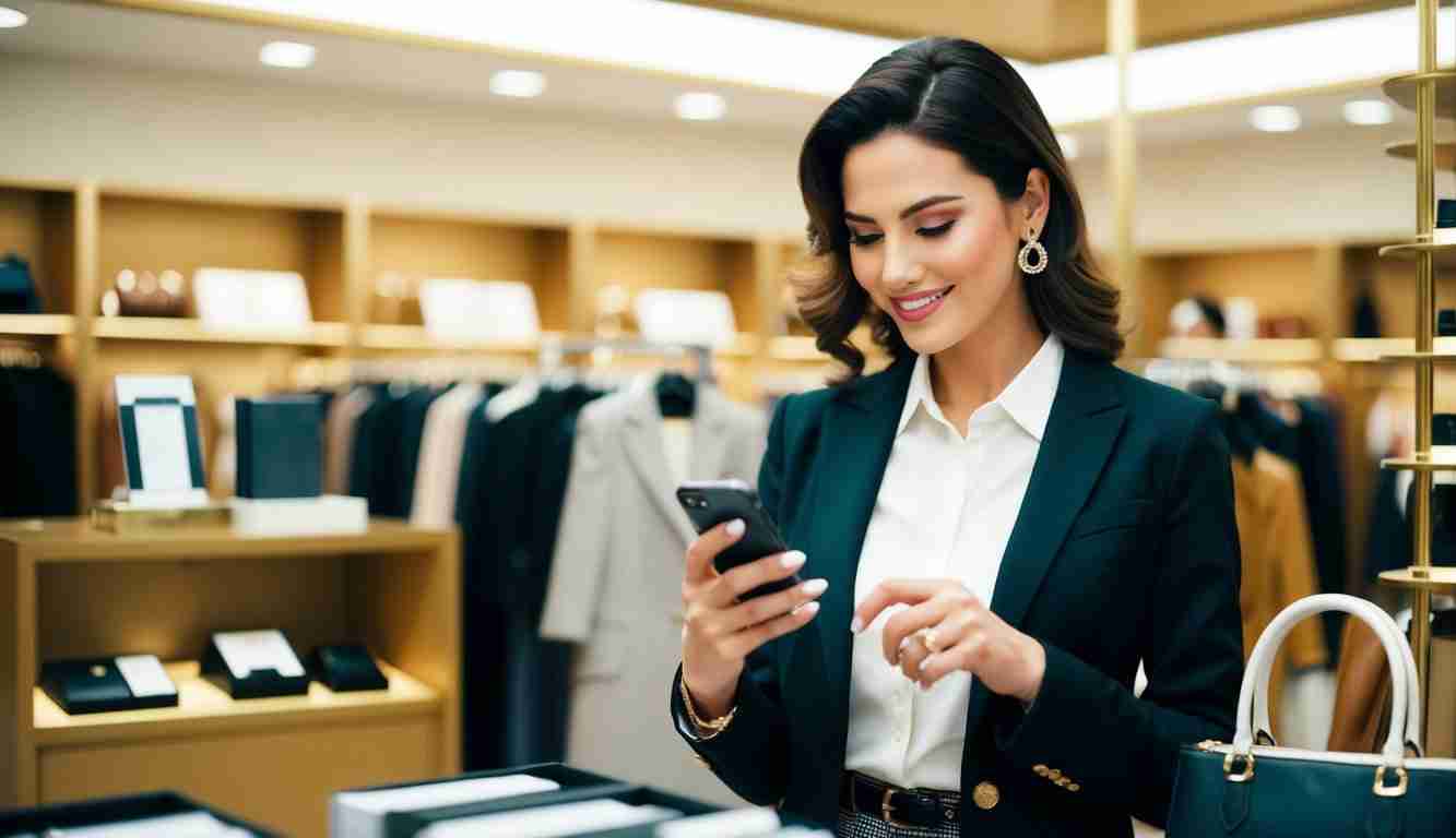 A confident woman in her 30s in a high end store celebrating a financial milestone. She looks at her phone displaying a growing savings balance