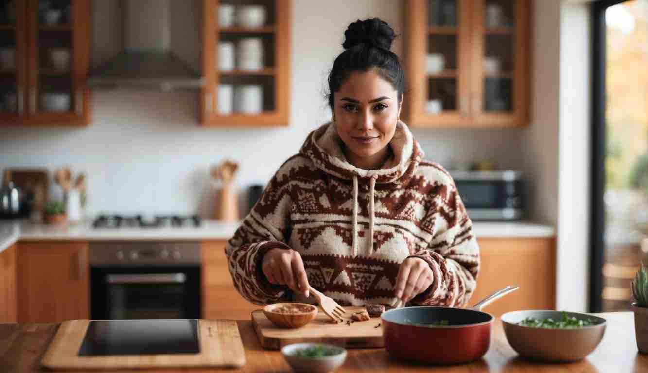 A cosy image of a lady cooking for herself and not getting tricked by her financial frenemies into spending money