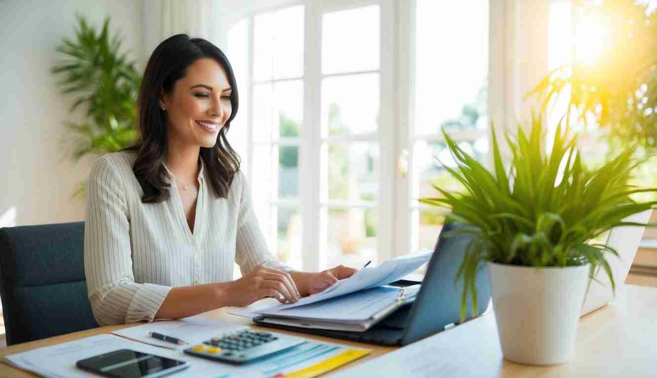 A lady doing her budget with papers a laptop and calculator. She's smiling