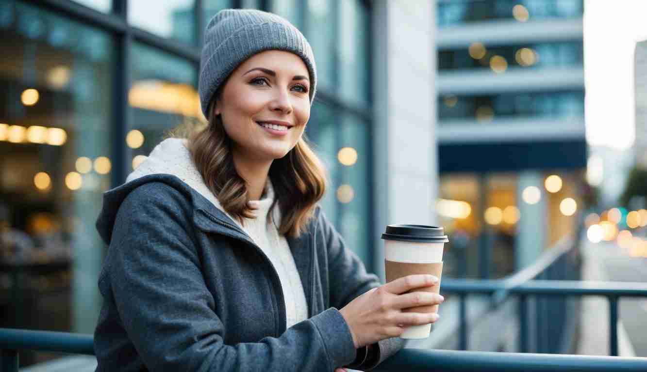 A lady leaning on a railing. She is holding a cup of coffee and wearing a beanie. She is ready to make some transformative financial moves in 2025.