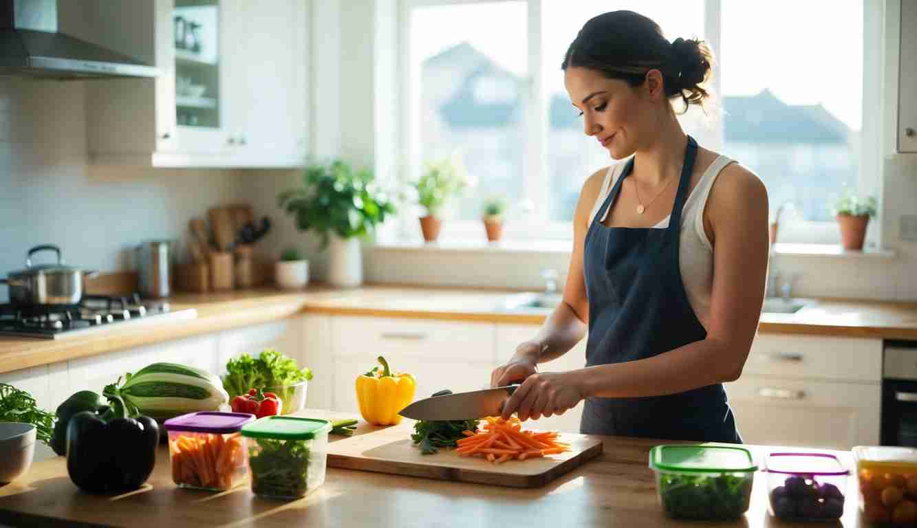 A lady wearing a blue apron in the kitchen meal prepping to save money