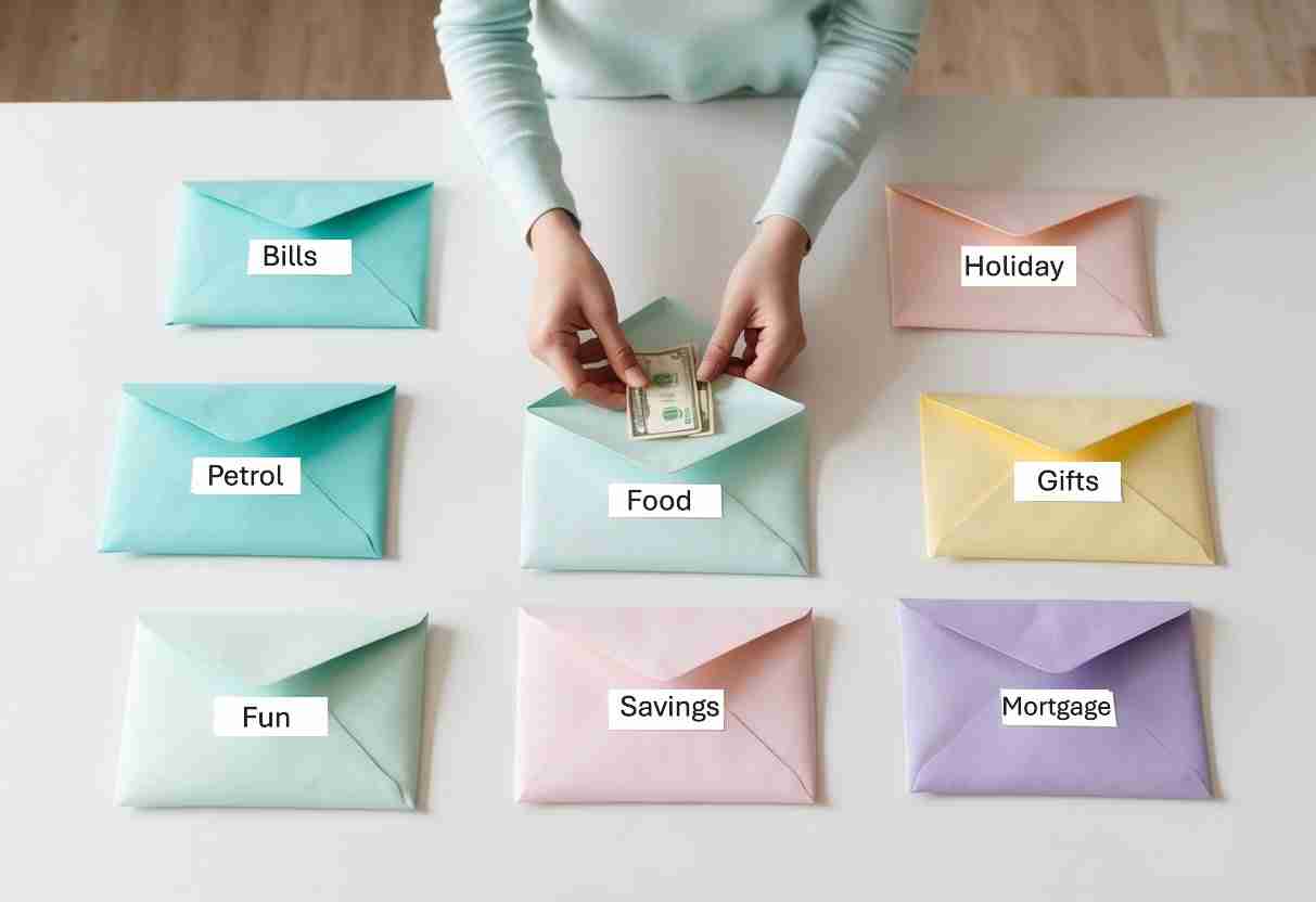 A table with different labeled envelopes for budget categories, cash being inserted into one envelope, and a person organising the envelopes