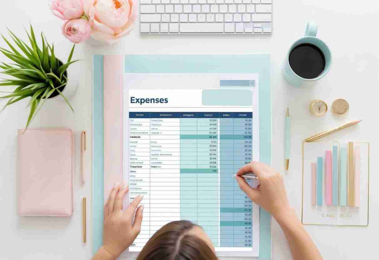 A person organizing and categorizing expenses on a budgeting spreadsheet, with a clear path leading towards financial empowerment
