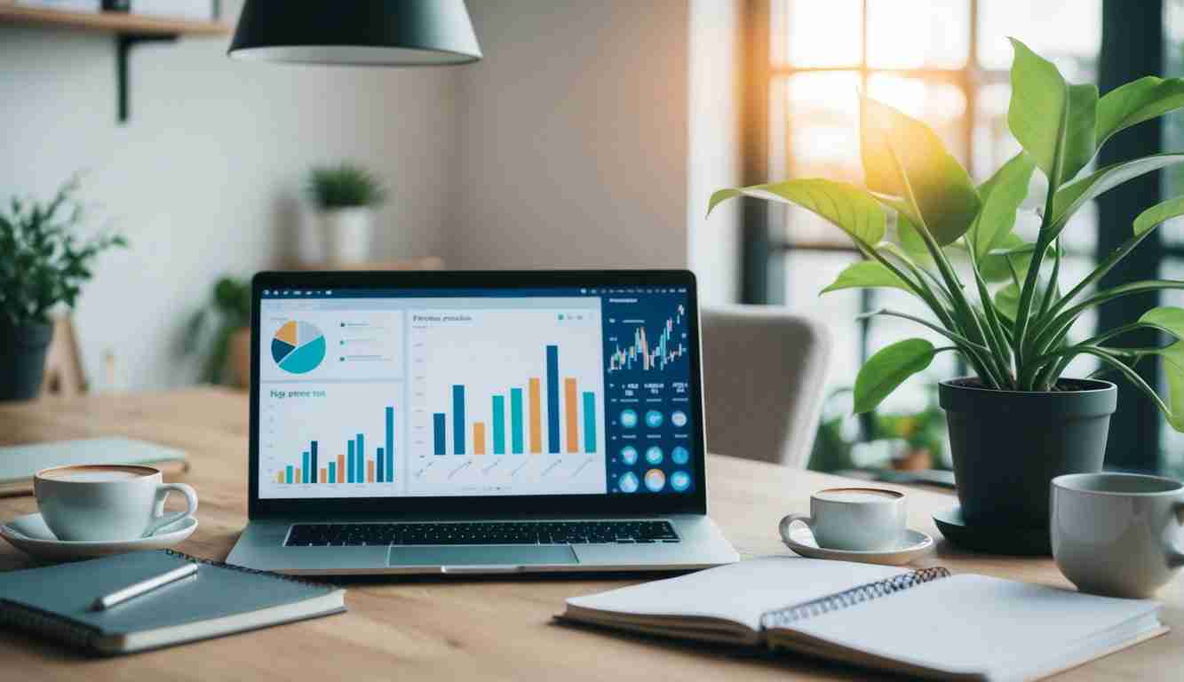 A stylish home office with a laptop displaying an investment dashboard, a notebook and a coffee cup, symbolizing passive income and financial growth
