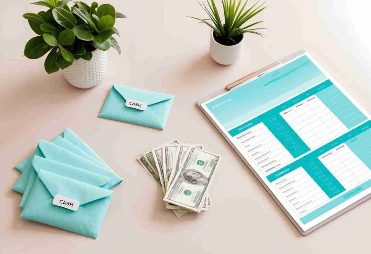 A table with labeled cash envelopes, a stack of bills, and a budget planner with spending categories