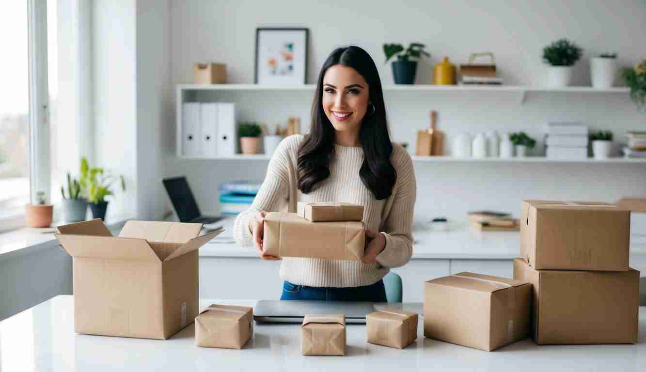 A woman in her home workspace packaging and shipping online orders, showcasing a successful side hustle in motion.