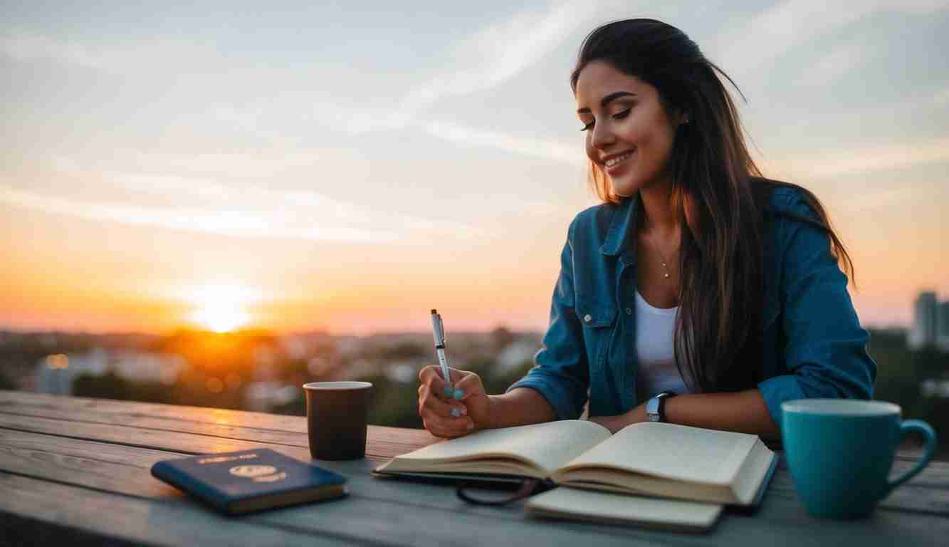 A woman journaling about financial freedom on a scenic hilltop at sunset, with a passport and coffee nearby, symbolizing her wealth mindset and future goals