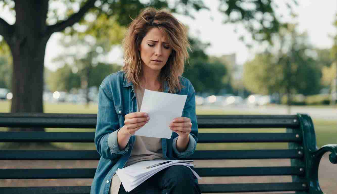 A worried looking lady in casual clothes sitting on a park bench holding a bill in her hand. Shes starting to lose control of her finances