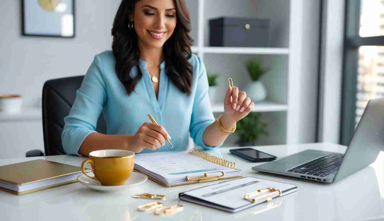 A lady checking off her budgeting goals. She is successful and well dressed. There is a cup of tea next to her. She is writing her financial goals in her planner