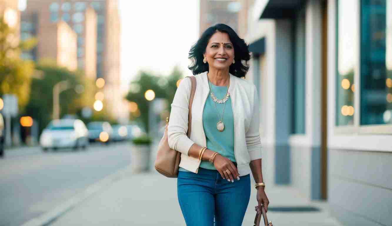 An image of a middle age lady who is walking outside and is feeling more confident about her money, shes smiling to herself and wearing casual clothes like she's on her way to brunch

