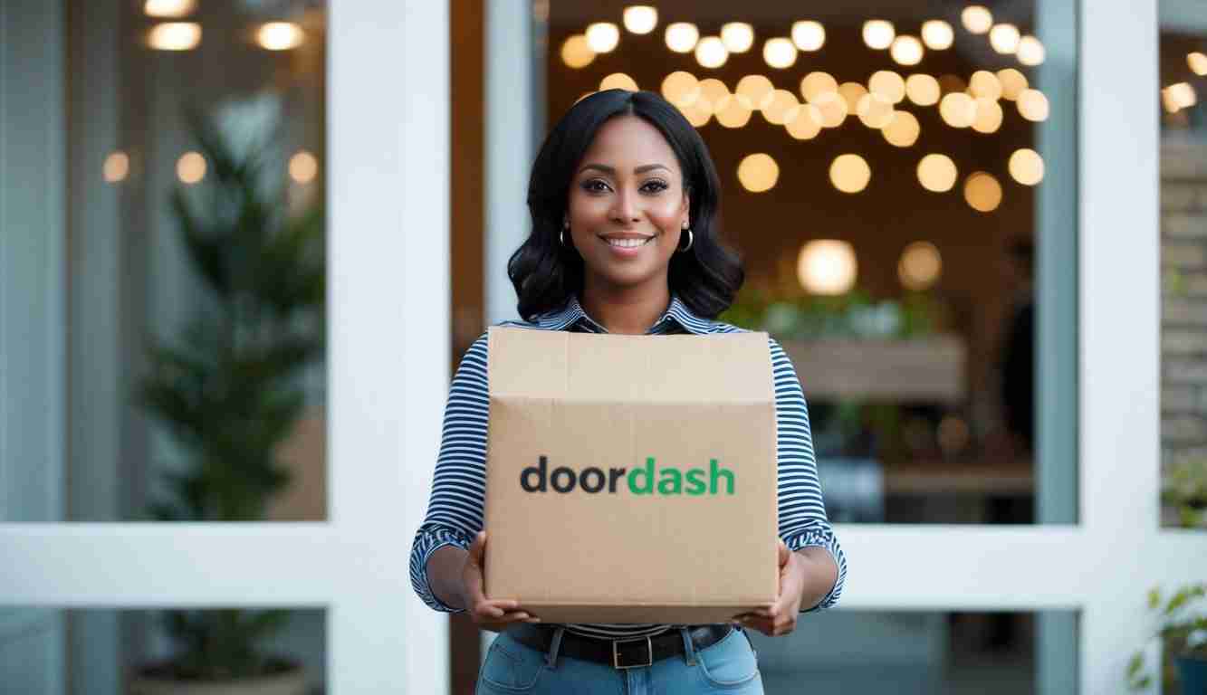 Lady is smiling at the camera and holding a door dash box.