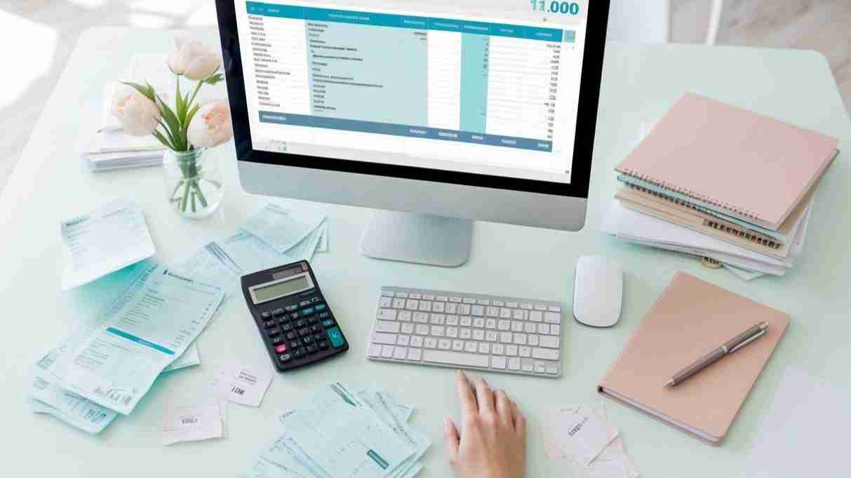 Cluttered desk with a keyboard and diary. Lady is doing her budget