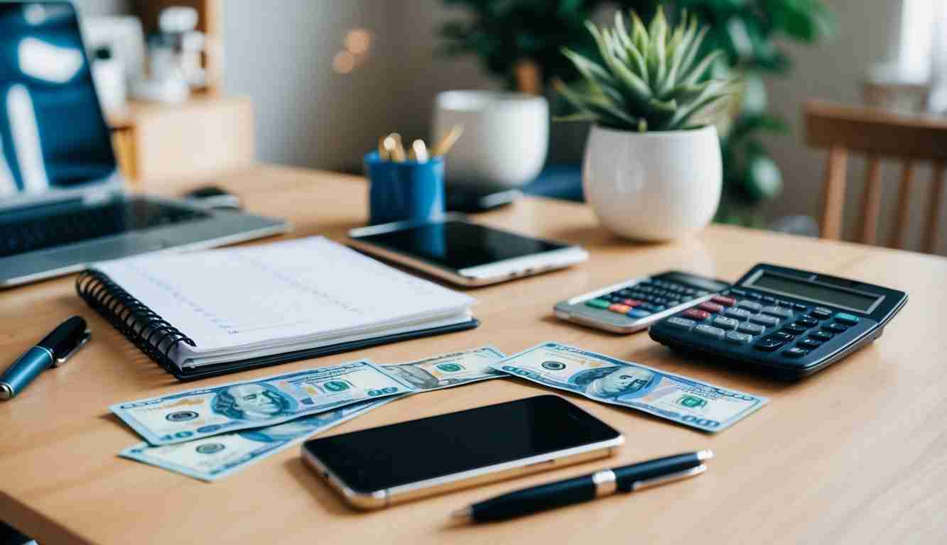 Flat lay of desk in a home. There are various budgeting items scattered on it, including a calculator, a pen, a phone and some cash