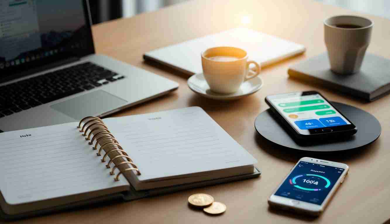Flat lay of table with coffee phone, coins and a laptop