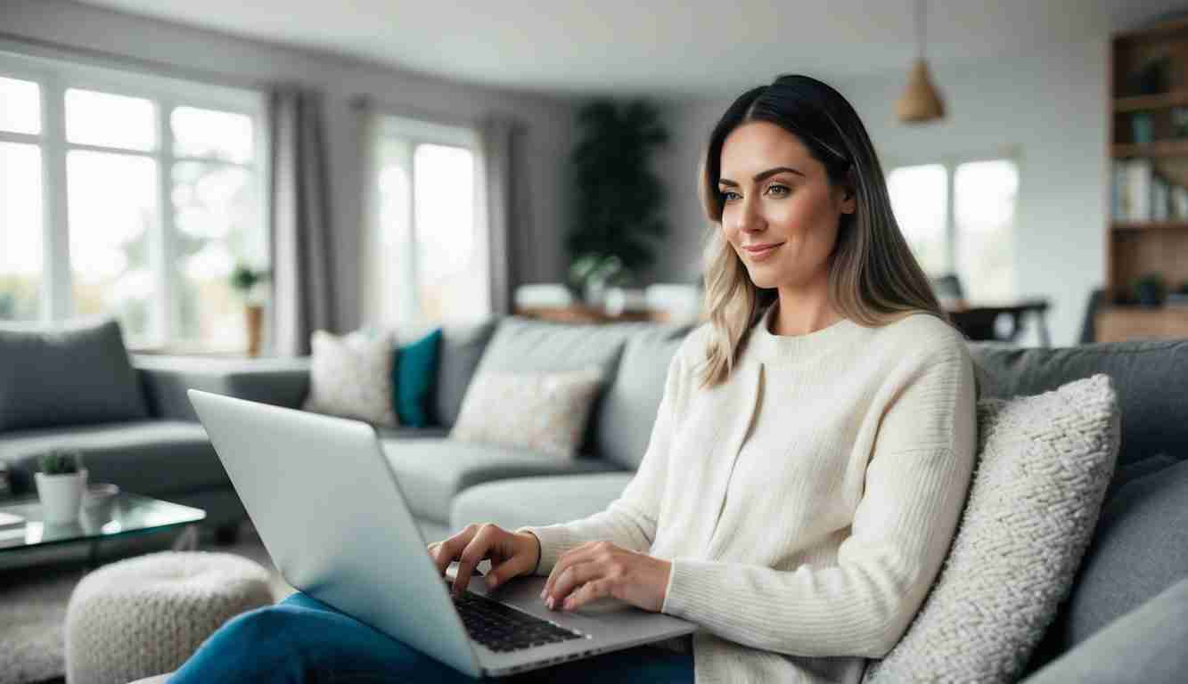 Lady sitting on her couch with a laptop on her lap. She is wearing jeans and a cozy cardigan. She is working through her debts in order and feels better she is ontop of it