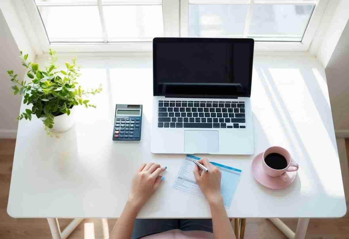 A desk with a laptop, calculator, and budgeting spreadsheets. A cup of coffee and a plant sit nearby. Sunlight streams through a window onto the organized workspace