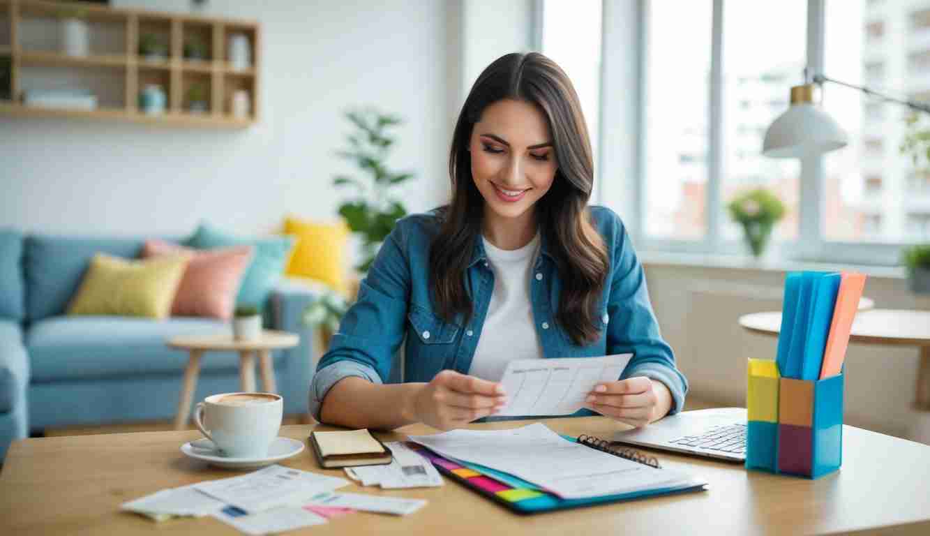 Lady doing her budget and smiling. She is holding a bill, has a tablet on her kitchen table. She is in an apartment