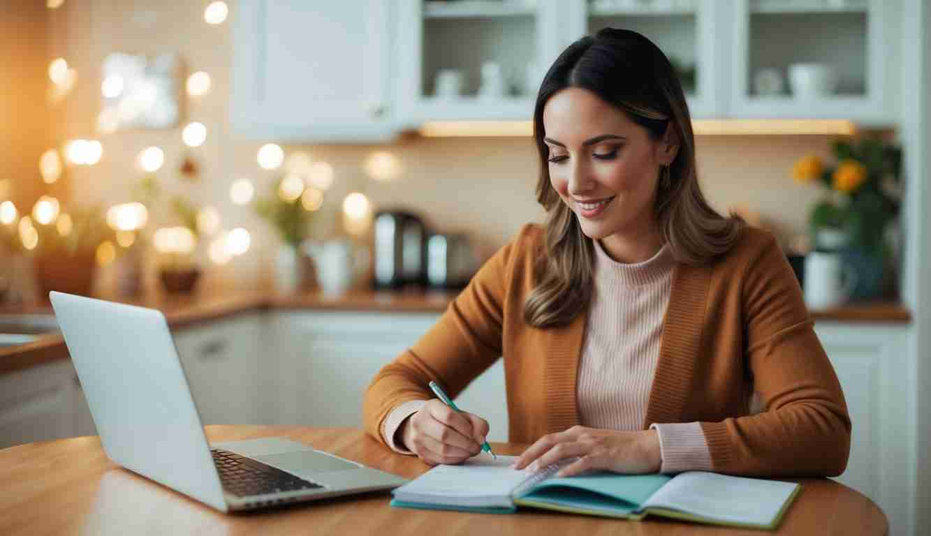 Lady doing her budget and smiling. She is writing in a notebook and has a laptop open on her kitchen table
