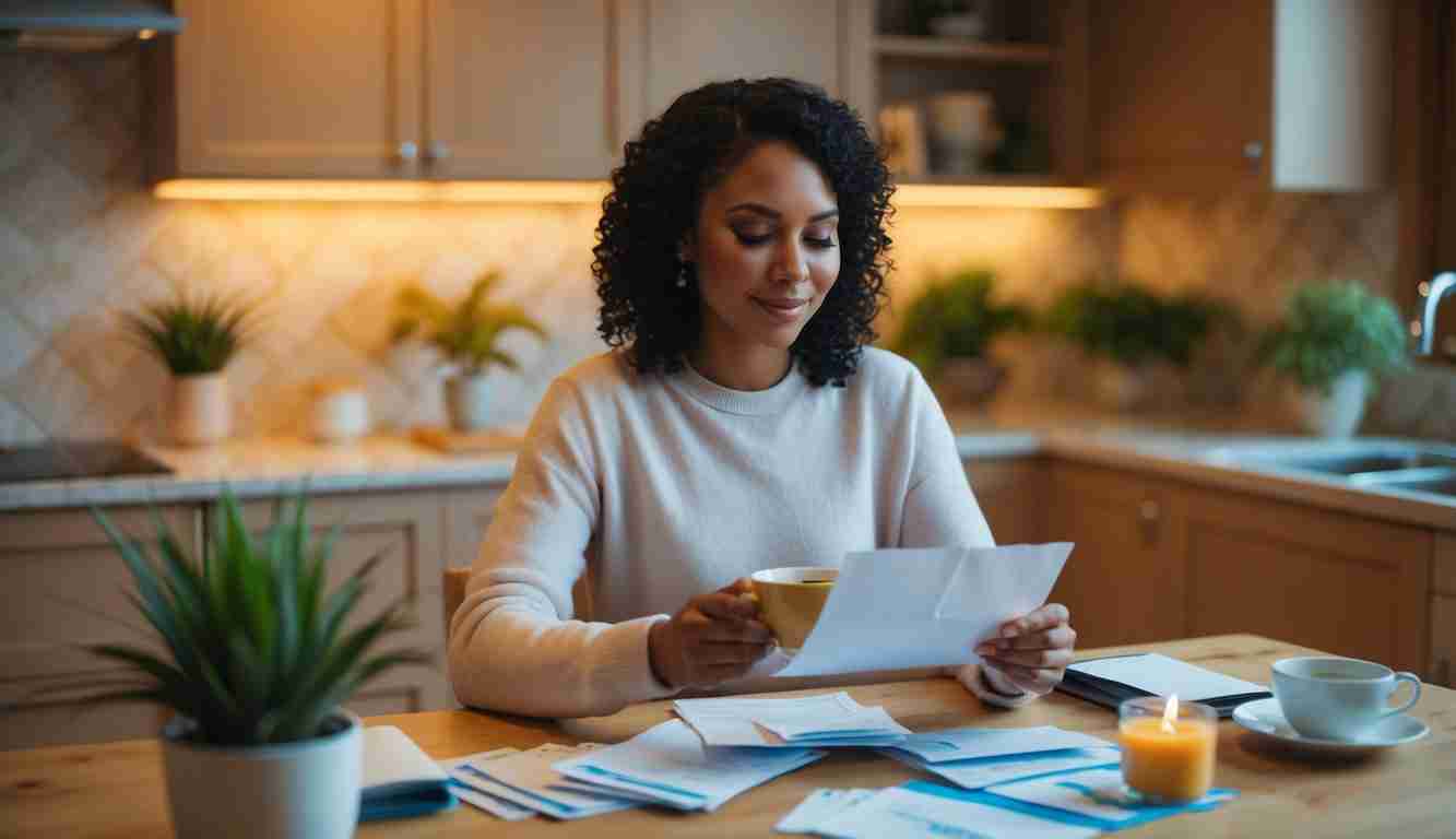 Lady doing her budget in the kitchen with papers, a candle and cup of tea on the table next to her