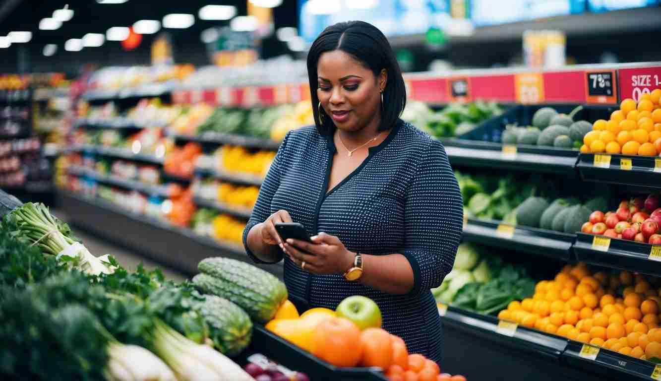 Lady doing her grocery shopping and checking prices on her phone
