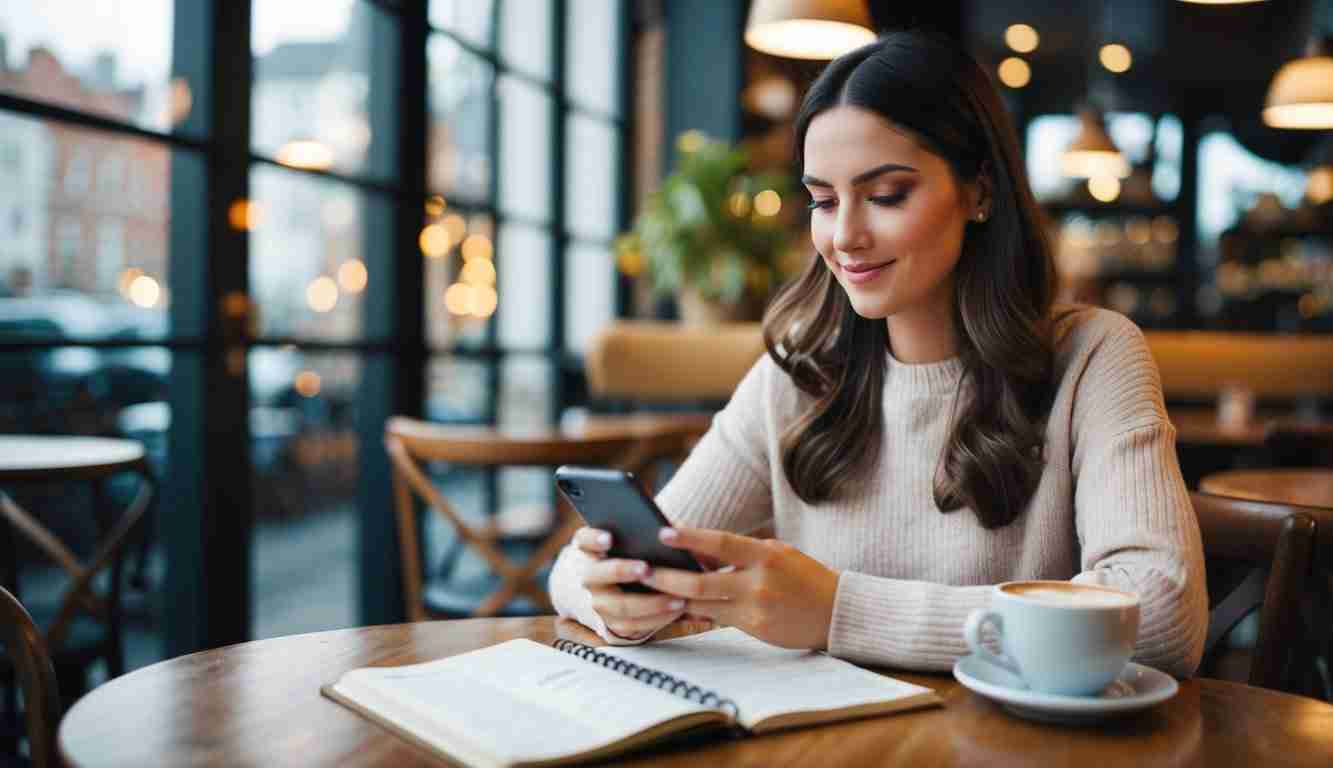 Lady in a coffee shop on her phone, smiling and has an open notebook and cup of coffee on the table
