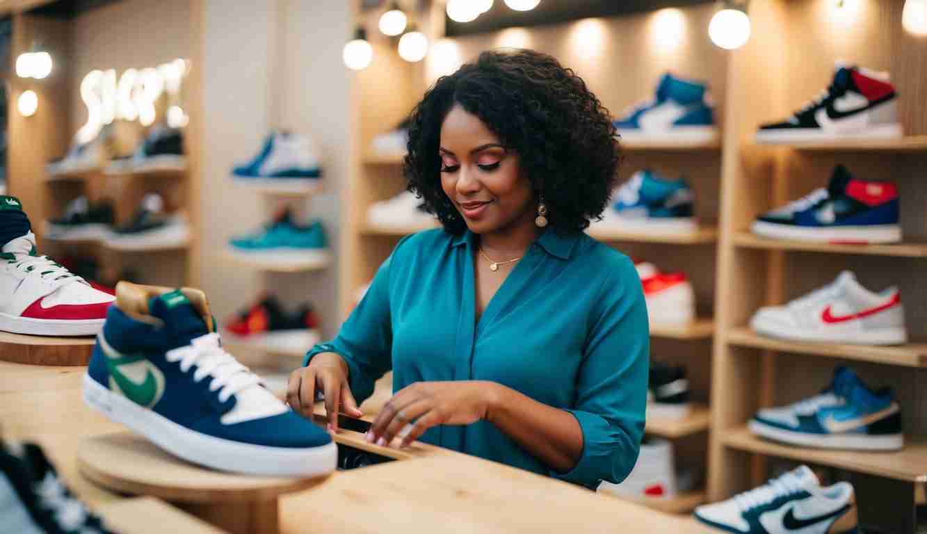 Lady in a shop looking at sneakers. She has a blue shirt and curly hair. Shes trying to curb her impulsive spending