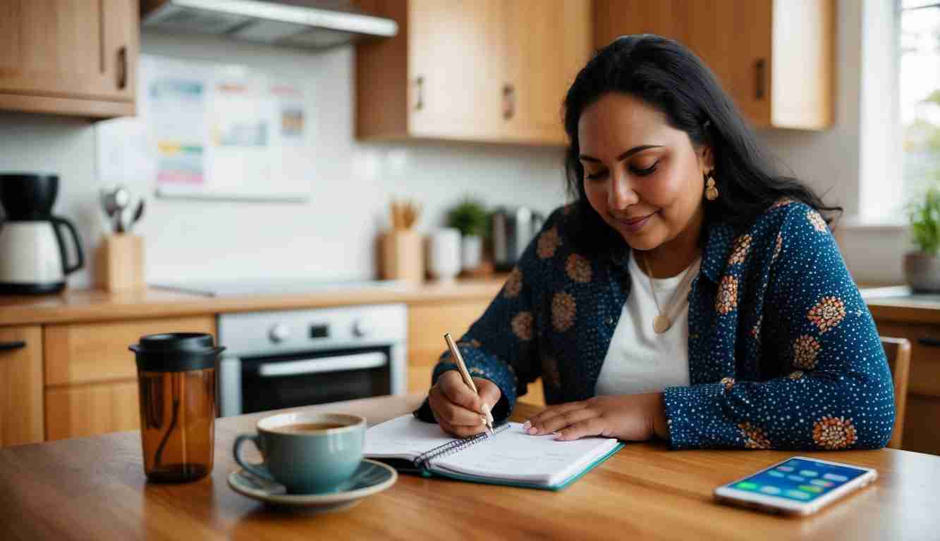 Lady in her cozy kitchen with a cup of tea and pen and paper. She is wearing a navy blue cardigan. She is doing her spending plan in only 5 mins.
