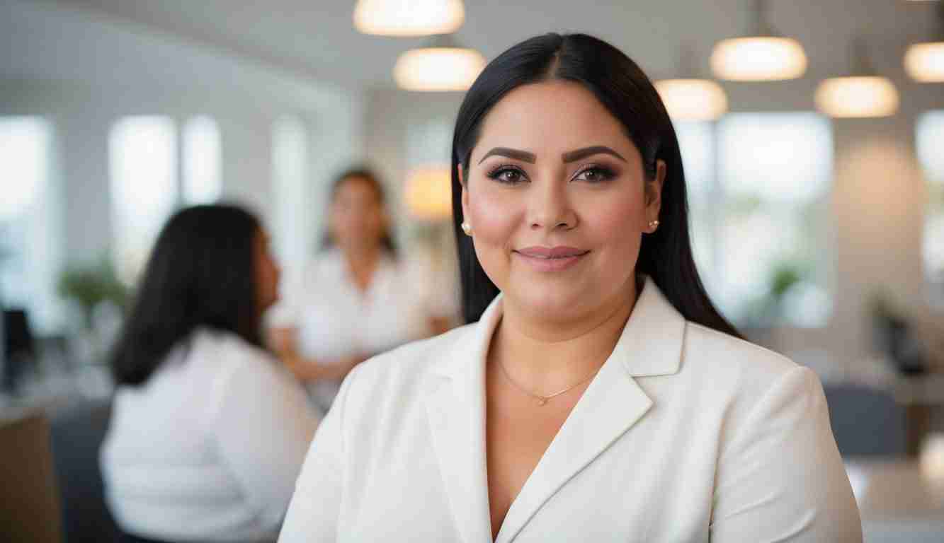 Lady wearing a suite in an office smiling at camera