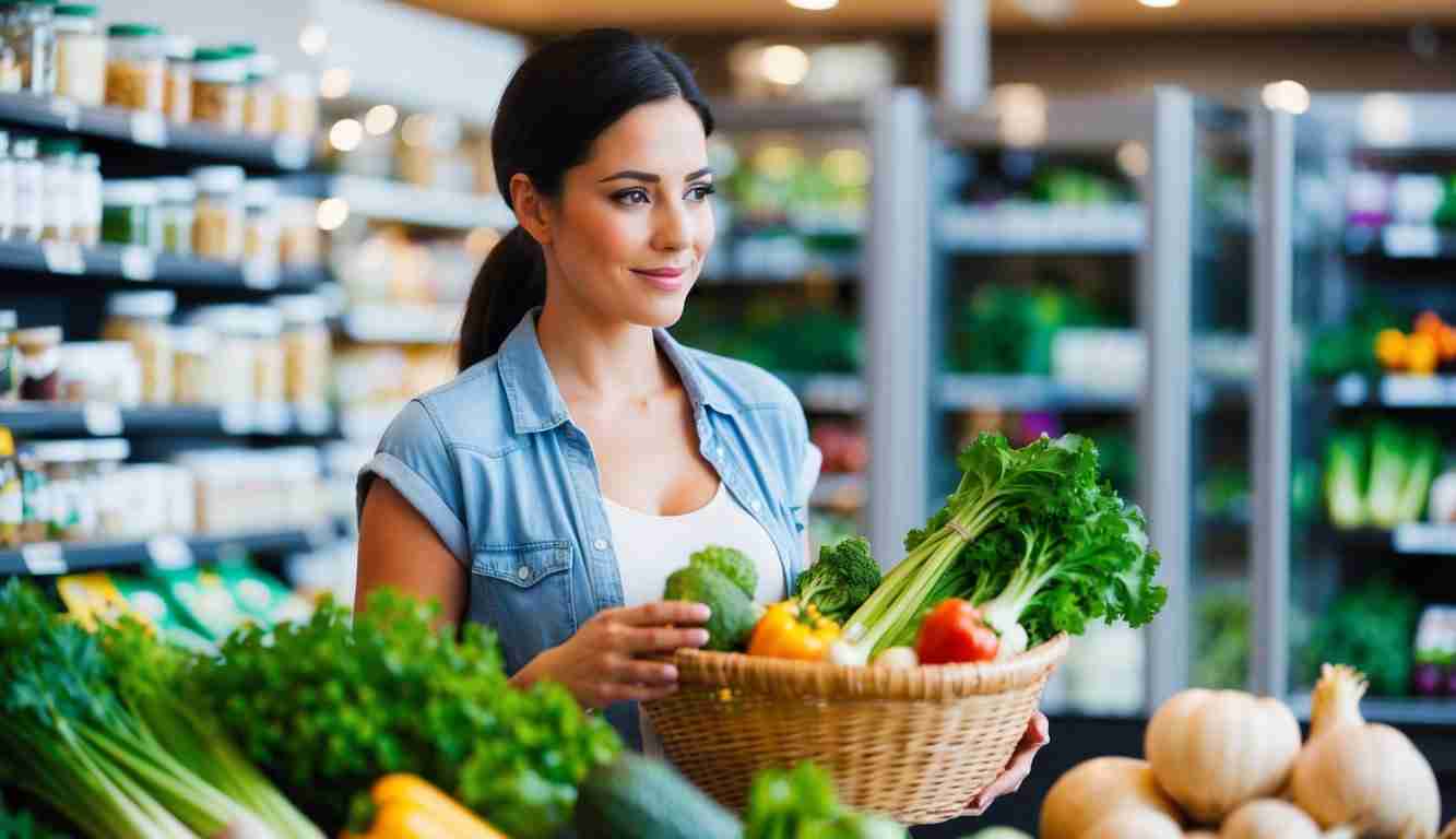 Lady with a basket of fruit and vegetables at a health food store. She is being mindful about her spending and is happy and relaxed