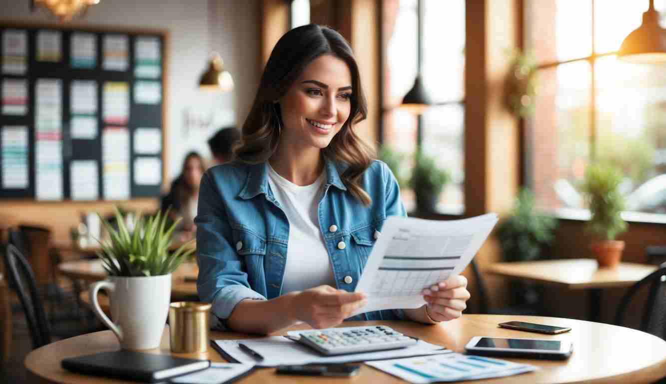 Lady with a denim shirt on sitting in coffee shop smiling and holding a statement. She has a calculator and coffee on the table. She is doing her budgeting