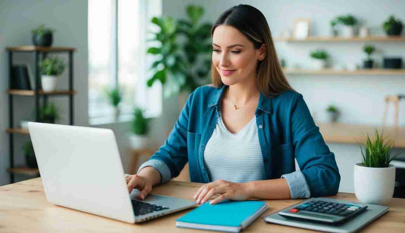 Lady working in her home office at a laptop with book and calc next to her