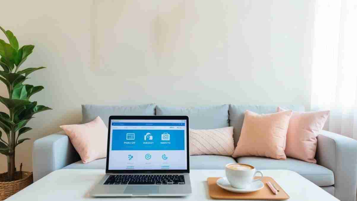 A cozy living room with a budget planner, calculator, and colorful charts on the wall. A laptop open to a financial website, and a cup of coffee on the table