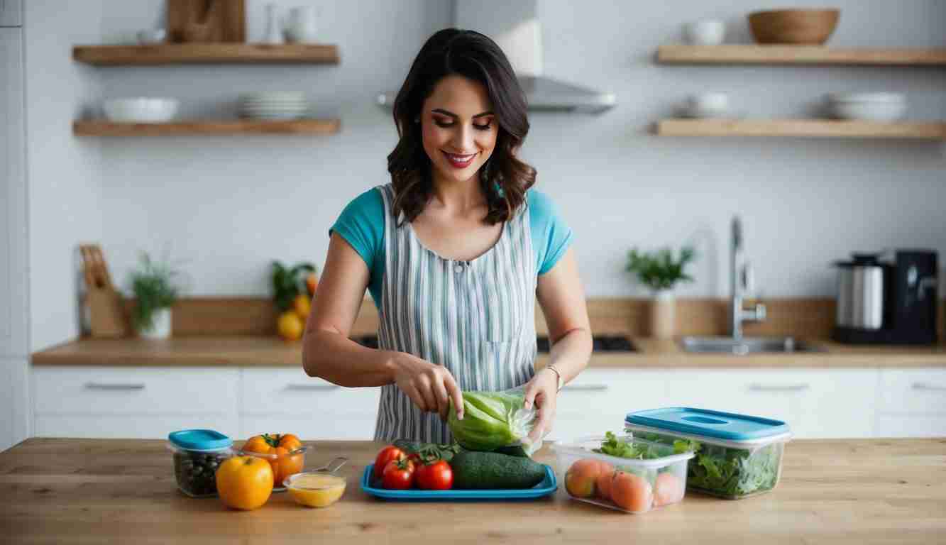 Meal Prepping to save money dark haired lady chopping up food in her kitchen and putting into containers