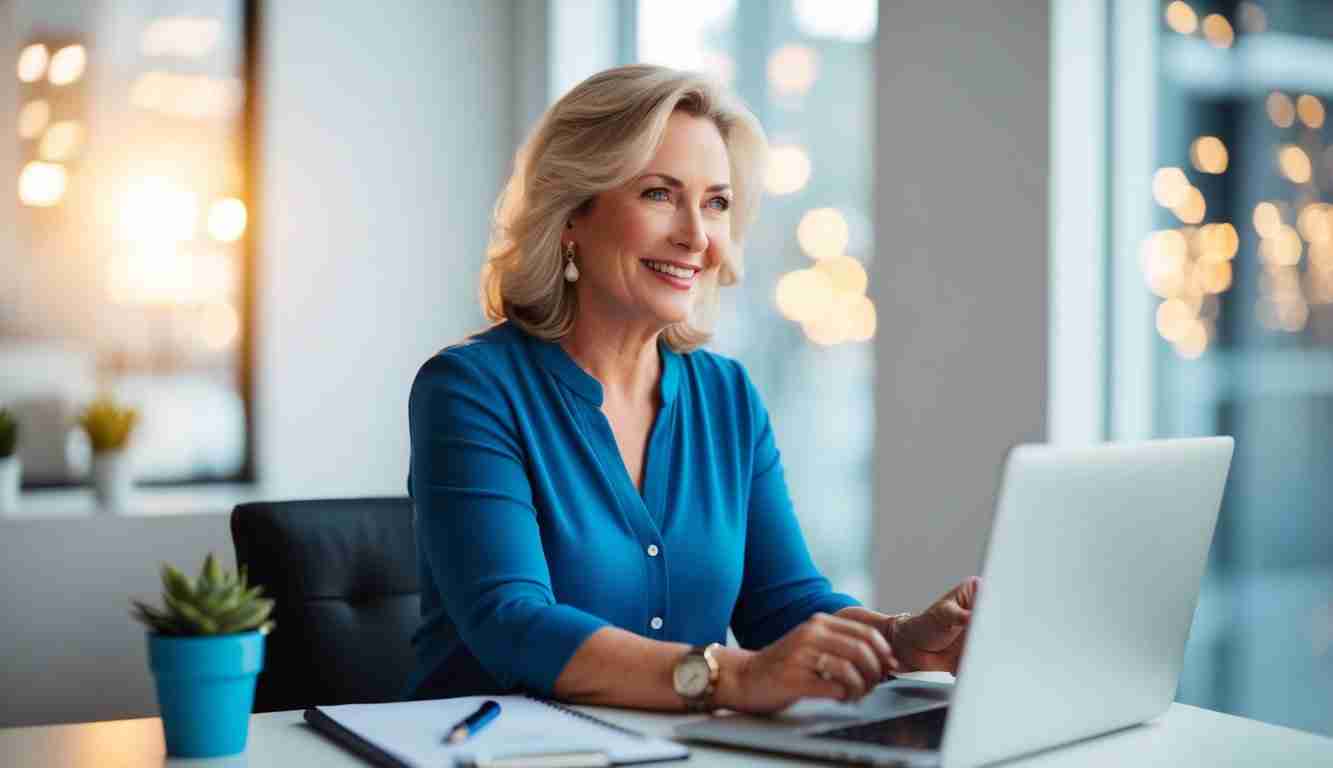 Middle aged lady working on her computer. She's smiling and wearing a blue shirt.
