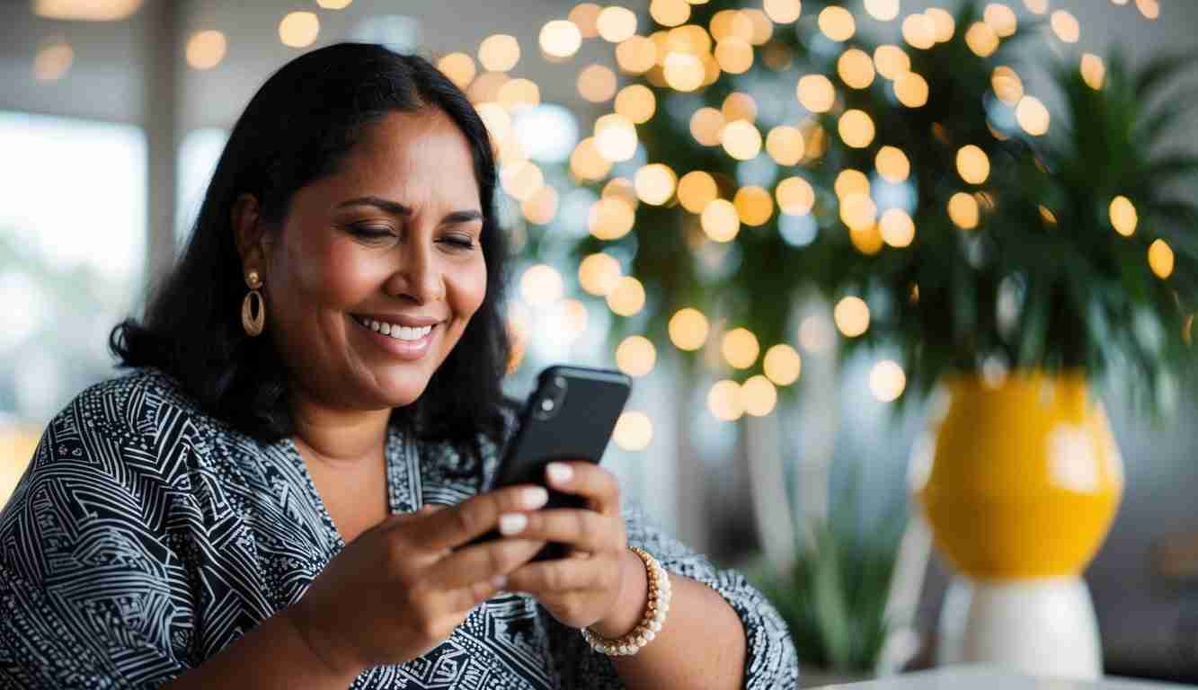 Older Aboriginal lady checking her phone and smiling.