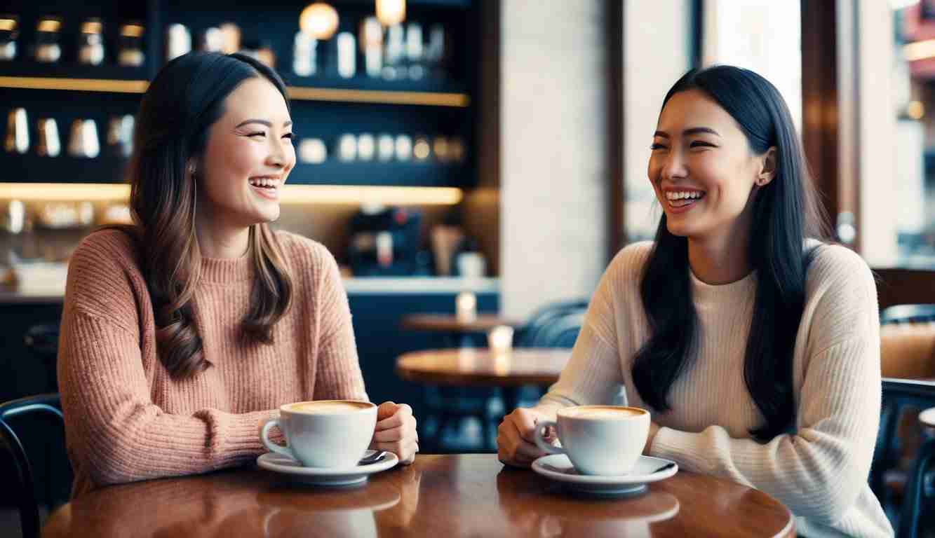 Two female friends in their 30s laughing and they have one latte each at a coffee shop. Representing Emergency Fund is your BFF