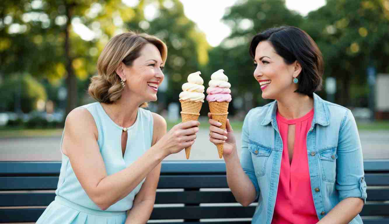 Two friends having an icecream on a park bench and doing a cheers to celebrate they are debt free