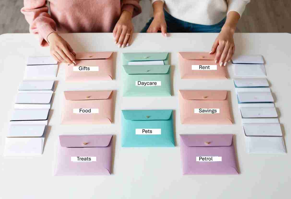 A table with labelled cash envelopes organised by expense category