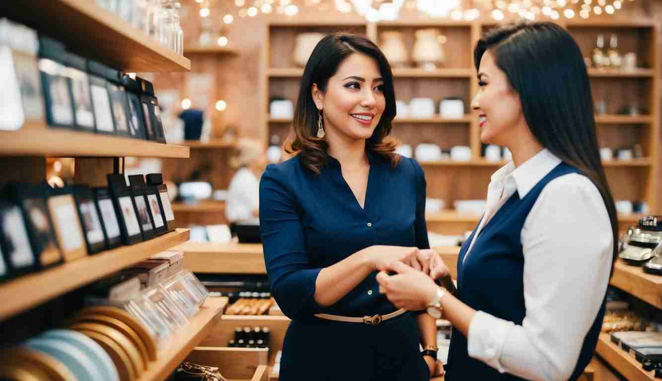 Two women in a jewellery shop. One is a customer and the other works there. They are negotiating the price of the item.